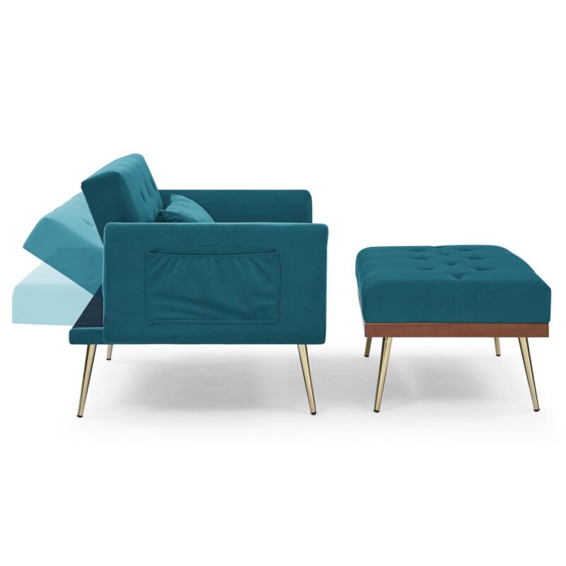 Velvet Recline Armchair Sofa With Ottoman, Two Arm Pocket  - Teal Blue