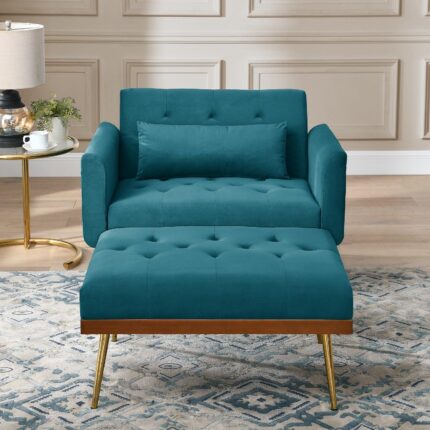 Velvet Recline Armchair Sofa With Ottoman, Two Arm Pocket  - Teal Blue