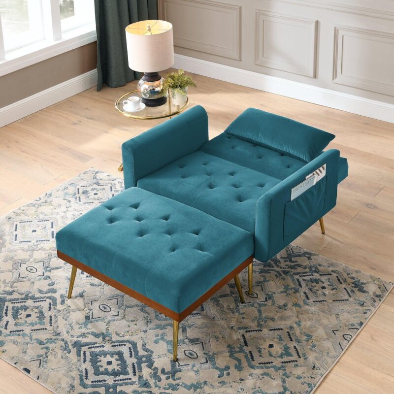 Velvet Recline Armchair Sofa With Ottoman, Two Arm Pocket  - Teal Blue