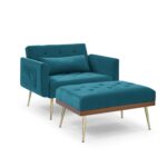 Velvet Recline Armchair Sofa With Ottoman, Two Arm Pocket  - Teal Blue