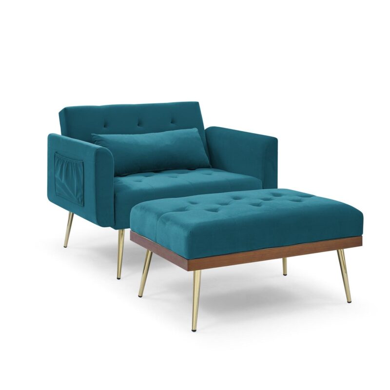 Velvet Recline Armchair Sofa With Ottoman, Two Arm Pocket  - Teal Blue