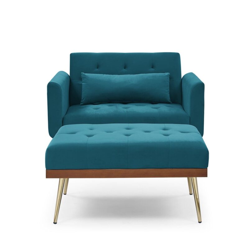 Velvet Recline Armchair Sofa With Ottoman, Two Arm Pocket  - Teal Blue