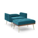 Velvet Recline Armchair Sofa With Ottoman, Two Arm Pocket  - Teal Blue