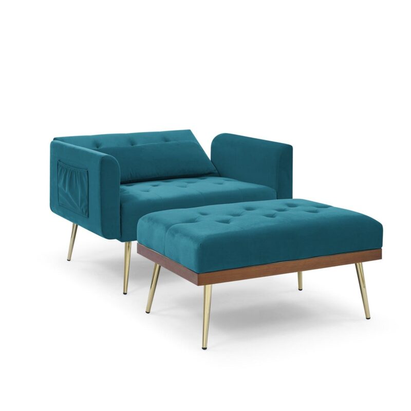 Velvet Recline Armchair Sofa With Ottoman, Two Arm Pocket  - Teal Blue