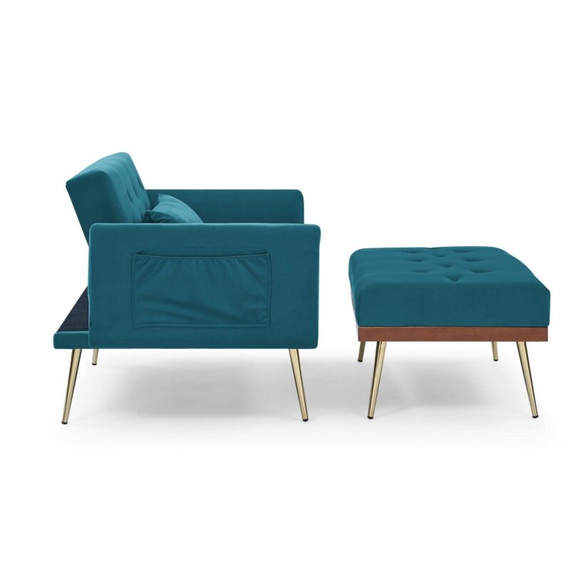 Velvet Recline Armchair Sofa With Ottoman, Two Arm Pocket  - Teal Blue