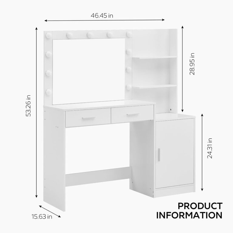 Vanity Desk with Mirror and Lights, 46.45" Makeup Vanity with 2 Large Drawer & Storage Shelves, Cabinet, 3 Lighting Modes Adjustable Brightness, Bedroom Dressing Table, White photo review