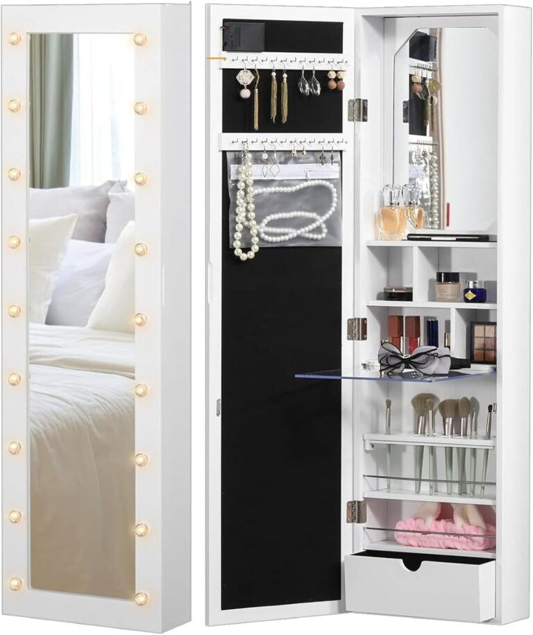 Jewelry Organizer Wall Door Mounted, 18 LED Lights Storage Jewelry Mirrors with Foldable Shelf Cosmetics Storage Cabinet, Jewelry Cabinet Mirror with Storage, Valentine's Day Gift, White photo review