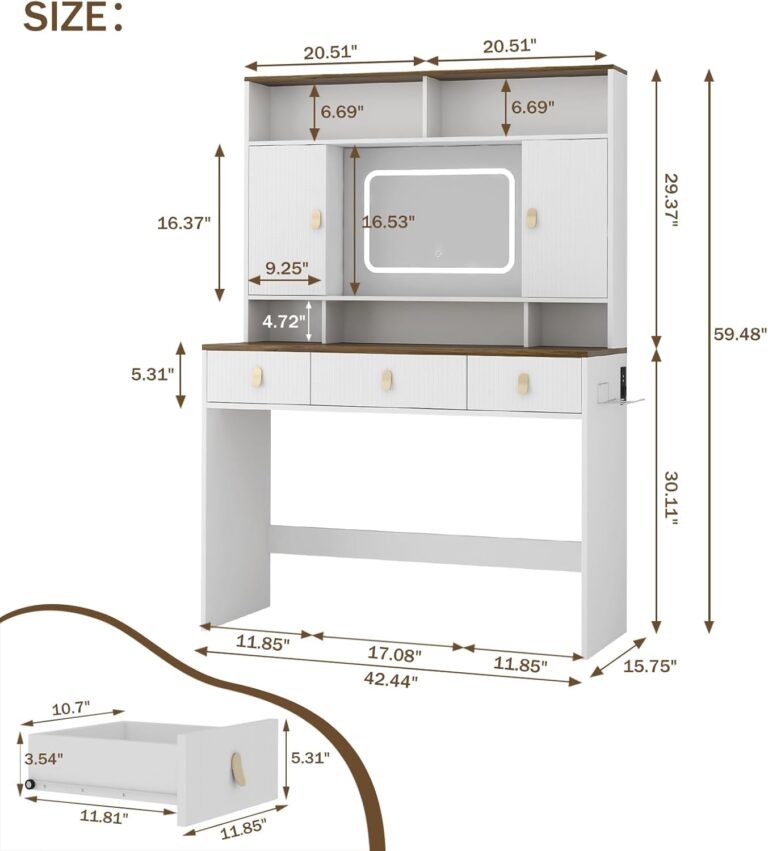 Vanity Desk with Lighted Mirror & Power Outlet, 43" Makeup Vanity Table with 3 Drawers, Shelves & 2 Cabinets, Farmhouse Dressing Table with 3 Color Modes for Bedroom, White photo review