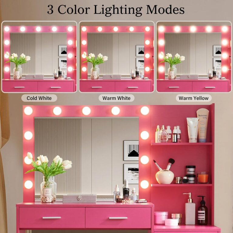 Vanity Desk with Mirror and Lights, 46.45" Makeup Vanity with 2 Large Drawer & Storage Shelves, Cabinet, 3 Lighting Modes Adjustable Brightness, Bedroom Dressing Table, Pink photo review