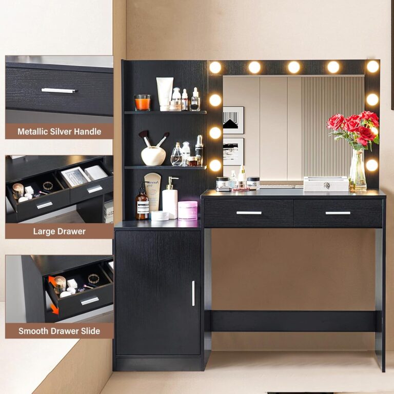 Vanity Desk with Mirror and Lights, 46.45" Makeup Vanity with 2 Large Drawer & Storage Shelves, Cabinet, 3 Lighting Modes Adjustable Brightness, Bedroom Dressing Table, Black photo review