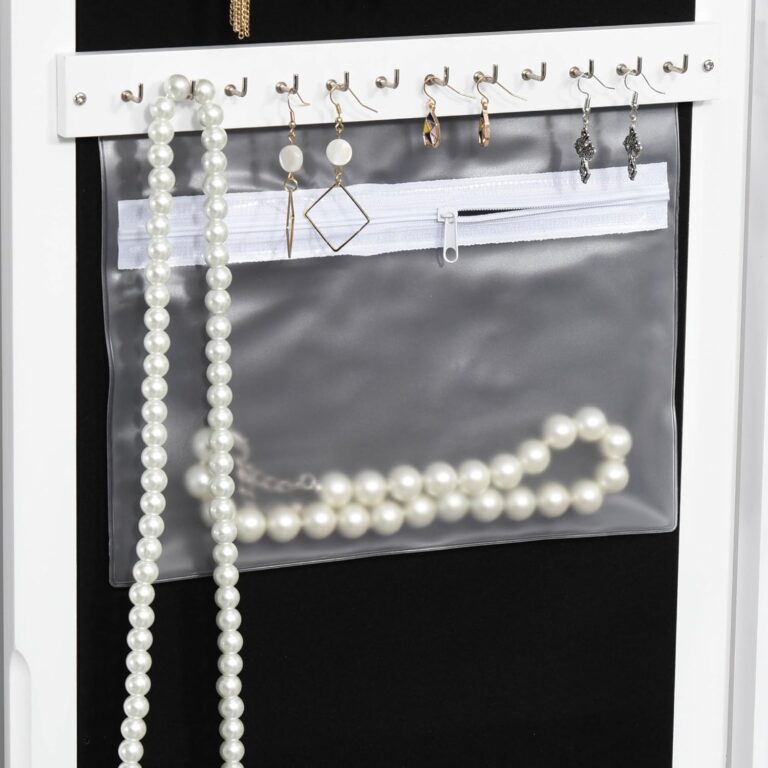 Jewelry Organizer Wall Door Mounted, 18 LED Lights Storage Jewelry Mirrors with Foldable Shelf Cosmetics Storage Cabinet, Jewelry Cabinet Mirror with Storage, Valentine's Day Gift, White photo review