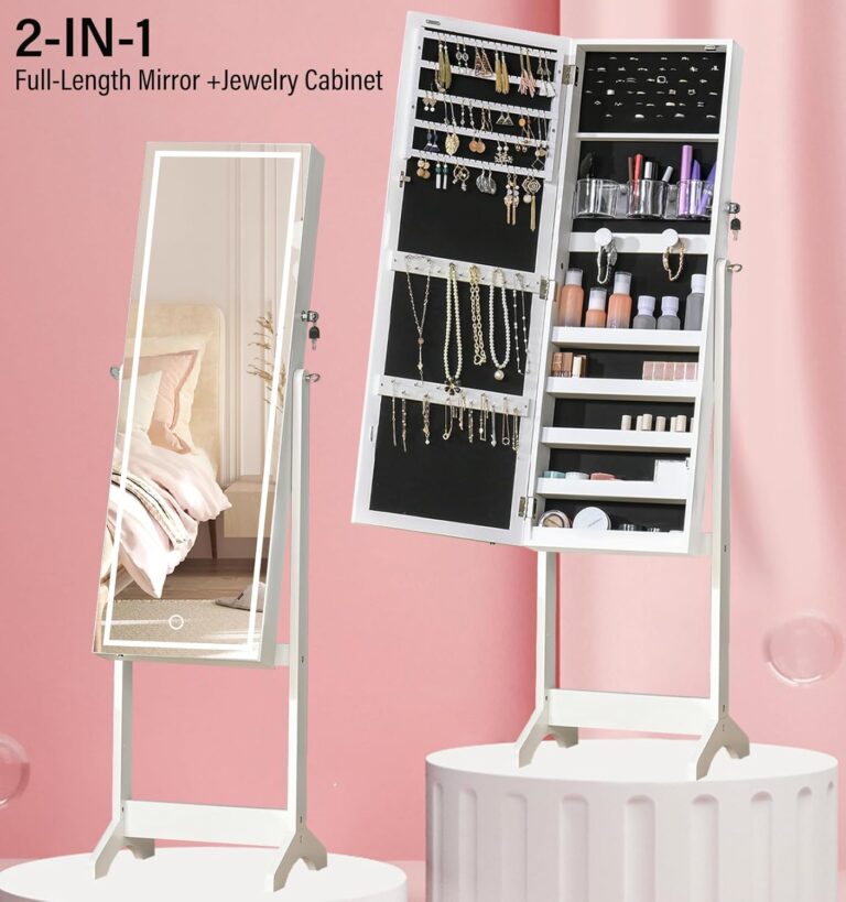 6 Led Mirror Jewelry Cabinet Standing, Jewelry Organizer Touch LED Control & 4 Adjustable Angle, Jewelry Armoire Mirror with Storage with Full Length Mirror, White photo review