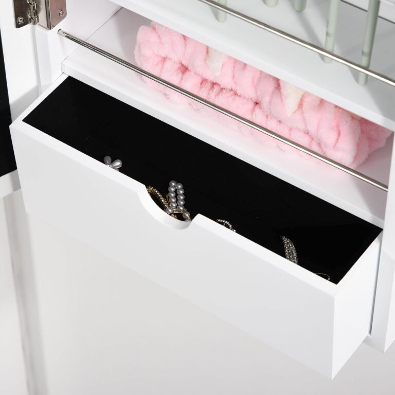 Jewelry Organizer Wall Door Mounted, 18 LED Lights Storage Jewelry Mirrors with Foldable Shelf Cosmetics Storage Cabinet, Jewelry Cabinet Mirror with Storage, Valentine's Day Gift, White photo review