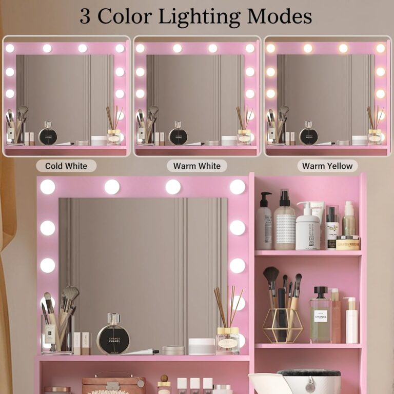 Vanity Desk with Mirror and Lights, Makeup Vanity with Large Drawer & Three Level Storage Dresser, 3 Lighting Modes Adjustable Brightness, Bedroom Dressing Table, Pink photo review