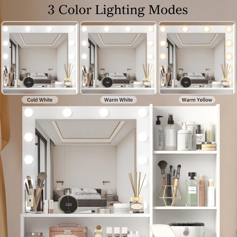 Vanity Desk with Mirror and Lights, Makeup Vanity with Large Drawer & Three Level Storage Dresser, 3 Lighting Modes Adjustable Brightness, Bedroom Dressing Table, White photo review