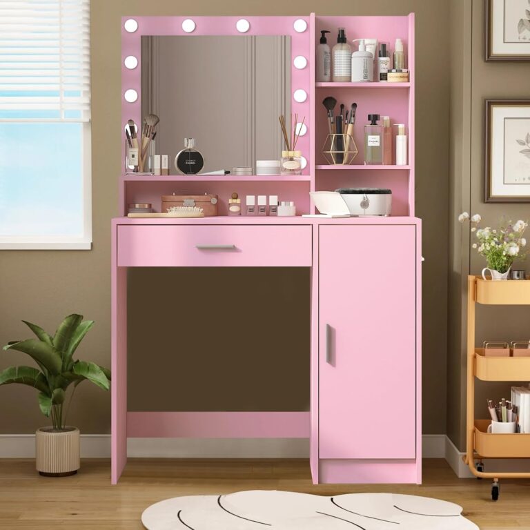 Vanity Desk with Mirror and Lights, Makeup Vanity with Large Drawer & Three Level Storage Dresser, 3 Lighting Modes Adjustable Brightness, Bedroom Dressing Table, Pink photo review