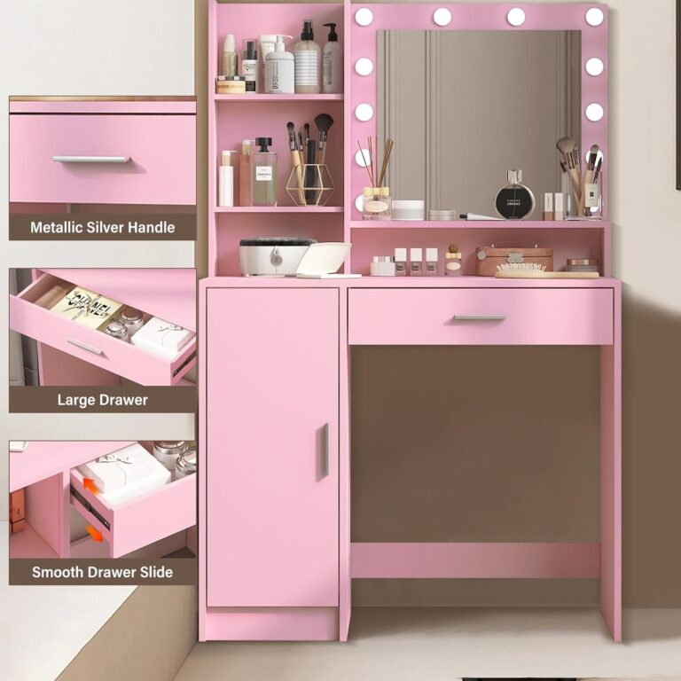 Vanity Desk with Mirror and Lights, Makeup Vanity with Large Drawer & Three Level Storage Dresser, 3 Lighting Modes Adjustable Brightness, Bedroom Dressing Table, Pink photo review