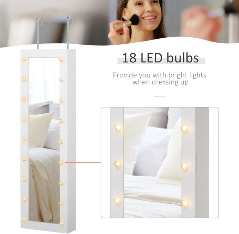 Jewelry Organizer Wall Door Mounted, 18 LED Lights Storage Jewelry Mirrors with Foldable Shelf Cosmetics Storage Cabinet, Jewelry Cabinet Mirror with Storage, Valentine's Day Gift, White photo review