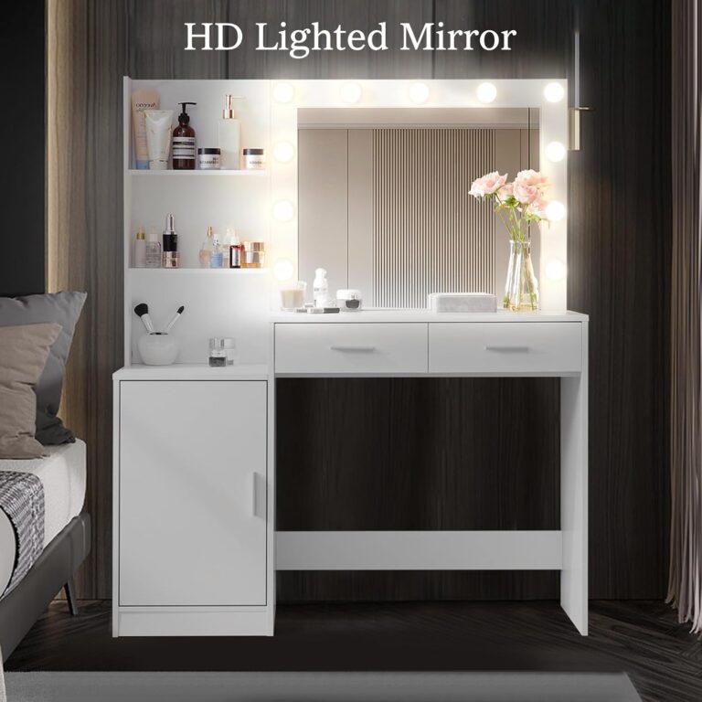 Vanity Desk with Mirror and Lights, 46.45" Makeup Vanity with 2 Large Drawer & Storage Shelves, Cabinet, 3 Lighting Modes Adjustable Brightness, Bedroom Dressing Table, White photo review