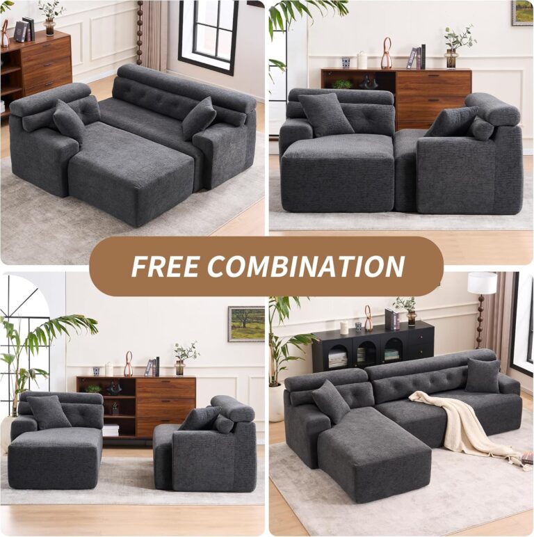 Combining Chaise Longue with 3-Seater, Wood Grain Chenille Fabric, Full Sponge Compression Sofa,Combined Sofa with 2 Pillows for Living/Home Furniture/Apartment,Dark Gray photo review