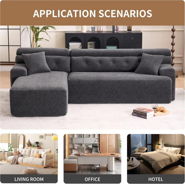 Combining Chaise Longue with 3-Seater, Wood Grain Chenille Fabric, Full Sponge Compression Sofa,Combined Sofa with 2 Pillows for Living/Home Furniture/Apartment,Dark Gray photo review