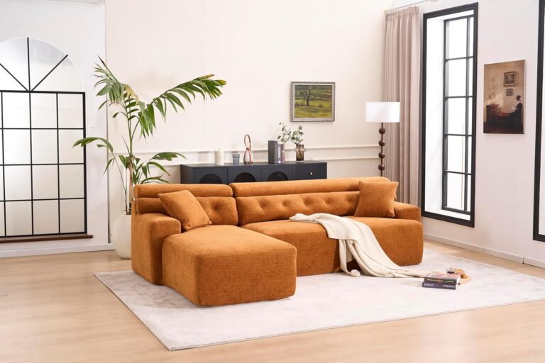 Combining Chaise Longue with 3-Seater, Wood Grain Chenille Fabric, Full Sponge Compression Sofa,Combined Sofa with 2 Pillows for Living/Home Furniture/Apartment,Orange photo review