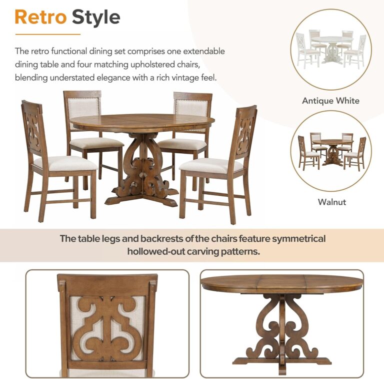 WIIS' IDEA Retro Style 5-Piece Round Dining Table Set for 4,Extendable Table with 4 Upholstered Chairs for Dining Room,Living Room,Kitchen,58" Dining Table + 4 Dining Chairs(Walnut) photo review