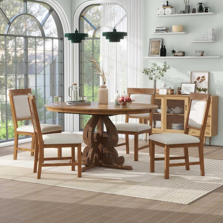 WIIS' IDEA Retro Style 5-Piece Round Dining Table Set for 4,Extendable Table with 4 Upholstered Chairs for Dining Room,Living Room,Kitchen,58" Dining Table + 4 Dining Chairs(Walnut) photo review