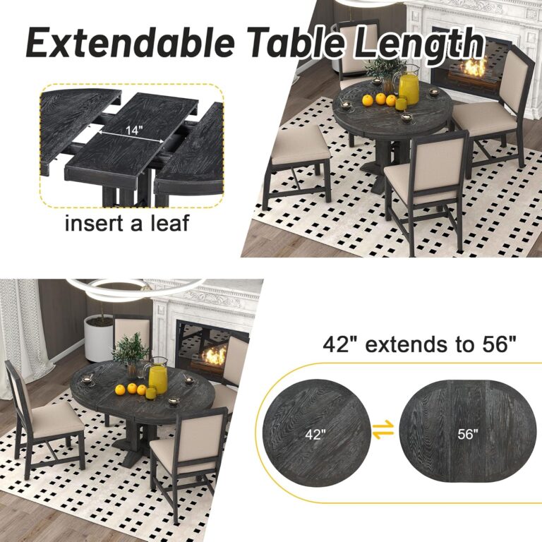 WIIS' IDEA Retro Style 5-Piece Round Dining Table Set for 4,Extendable Table with 4 Upholstered Chairs for Dining Room,Living Room,Kitchen,56" Dining Table + 4 Dining Chairs(Black) photo review