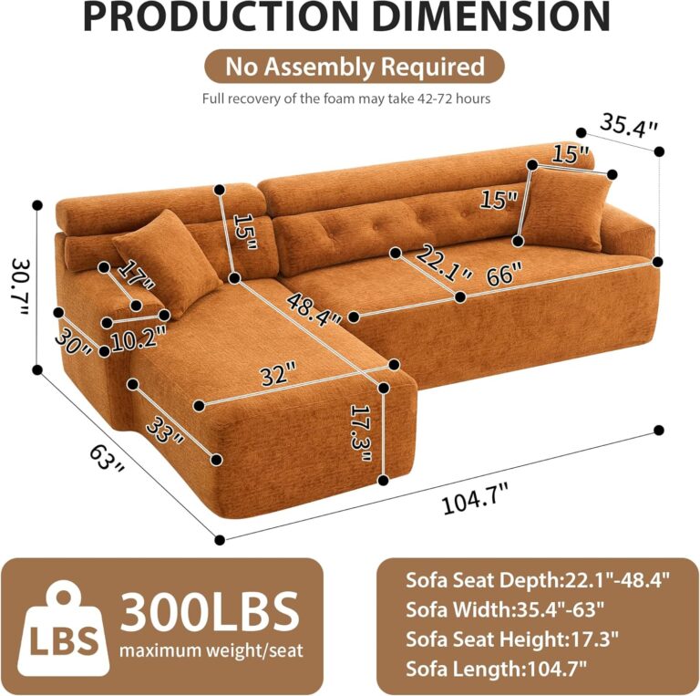 Combining Chaise Longue with 3-Seater, Wood Grain Chenille Fabric, Full Sponge Compression Sofa,Combined Sofa with 2 Pillows for Living/Home Furniture/Apartment,Orange photo review