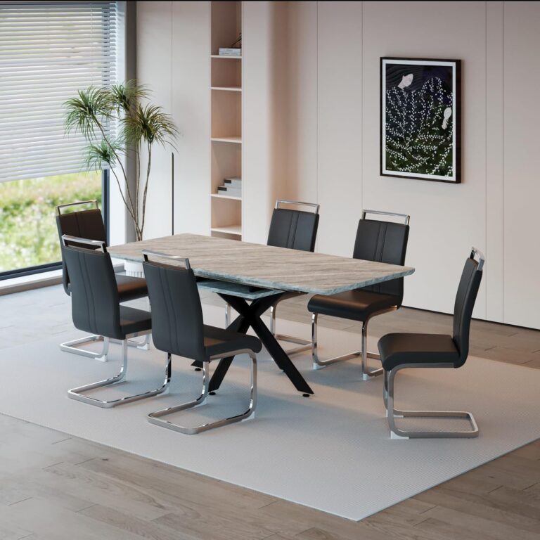 Modern Dining Table Set for 6,Adjustable Dining Table,Rectangular Rock Slab Dining Table for 6-8 People,Metal Base and Legs for Living Room,Dining Room,Kitchen (78" Dining Table+6 Gray Chairs) photo review