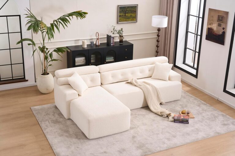 Combining Chaise Longue with 3-Seater, Wood Grain Chenille Fabric, Full Sponge Compression Sofa,Combined Sofa with 2 Pillows for Living/Home Furniture/Apartment,White photo review