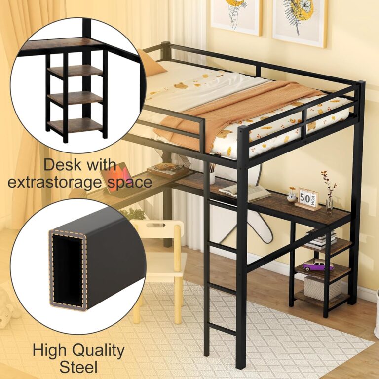 Full Size Loft Bed with L Shaped Desk and 6 Storage Shelves, Loft Bed Full Size, Metal Loft Bed Frame with Safety Guard and 2 Side Ladders, Noise Free for Kids Teens Adults(Black) photo review