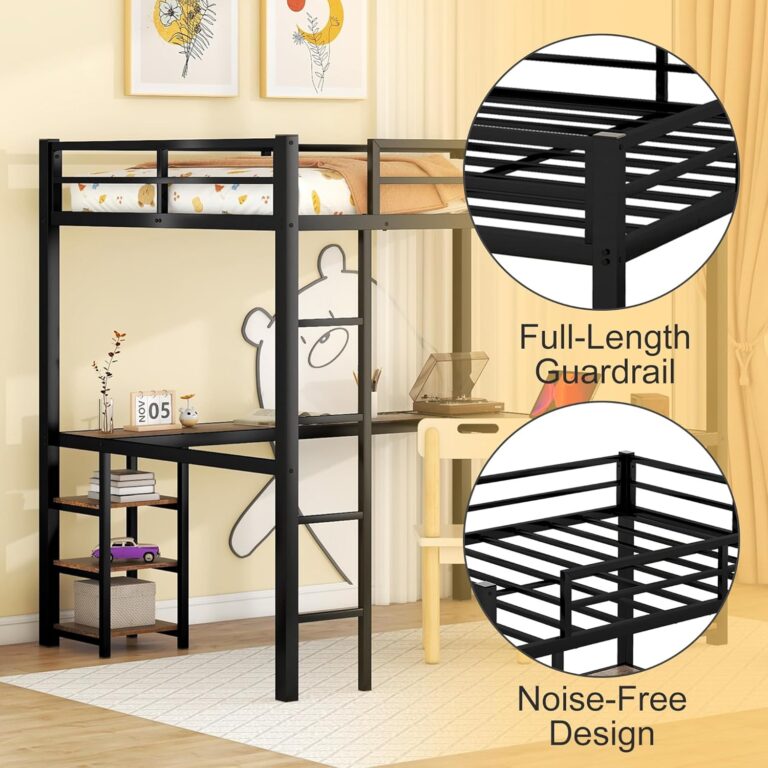 Full Size Loft Bed with L Shaped Desk and 6 Storage Shelves, Loft Bed Full Size, Metal Loft Bed Frame with Safety Guard and 2 Side Ladders, Noise Free for Kids Teens Adults(Black) photo review