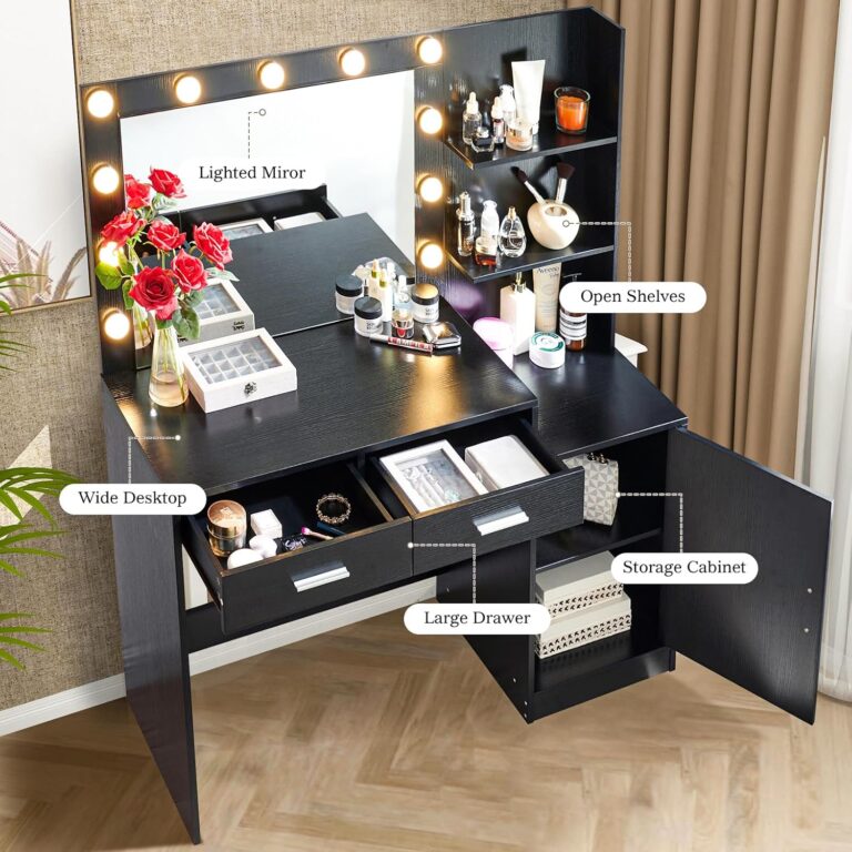 Vanity Desk with Mirror and Lights, 46.45" Makeup Vanity with 2 Large Drawer & Storage Shelves, Cabinet, 3 Lighting Modes Adjustable Brightness, Bedroom Dressing Table, Black photo review