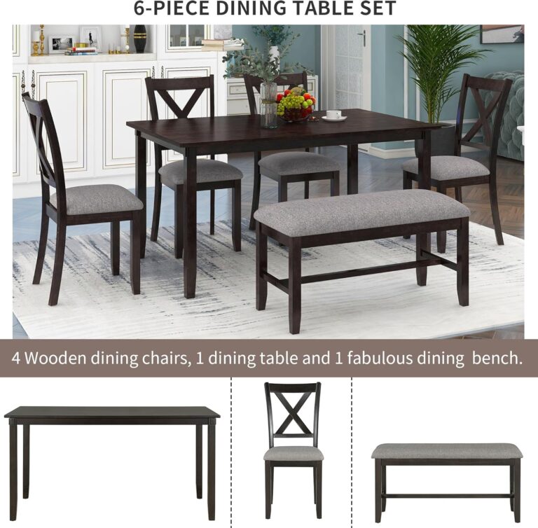 WIIS' IDEA 6-Piece Rectangular Dining Table Set for 6, Mid-Century Modern Wooden Table & Upholstered Chair Set for Home, Kitchen, Dining Room,4 Chairs, Bench Seat, Rubberwood Legs(Espresso) photo review