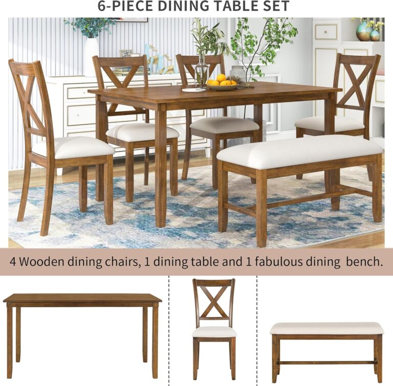 WIIS' IDEA 6-Piece Rectangular Dining Table Set for 6, Mid-Century Modern Wooden Table & Upholstered Chair Set for Home, Kitchen, Dining Room,4 Chairs, Bench Seat, Rubberwood Legs(Natural Cherry) photo review