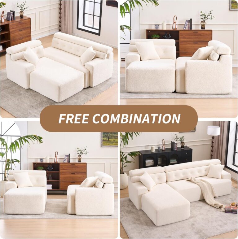 Combining Chaise Longue with 3-Seater, Wood Grain Chenille Fabric, Full Sponge Compression Sofa,Combined Sofa with 2 Pillows for Living/Home Furniture/Apartment,White photo review