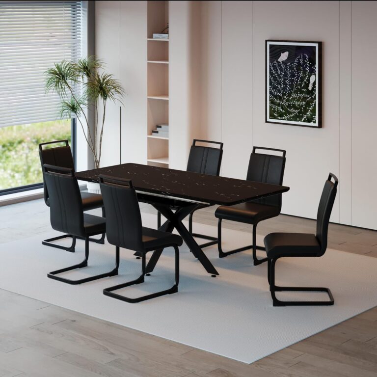 Modern Dining Table Set for 6,Adjustable Dining Table,Rectangular Rock Slab Dining Table for 6-8 People,Metal Base and Legs for Living Room,Dining Room,Kitchen (78" Dining Table+6 Black Chairs) photo review