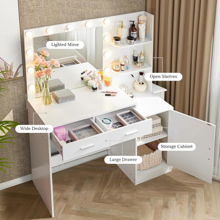 Vanity Desk with Mirror and Lights, 46.45" Makeup Vanity with 2 Large Drawer & Storage Shelves, Cabinet, 3 Lighting Modes Adjustable Brightness, Bedroom Dressing Table, White photo review