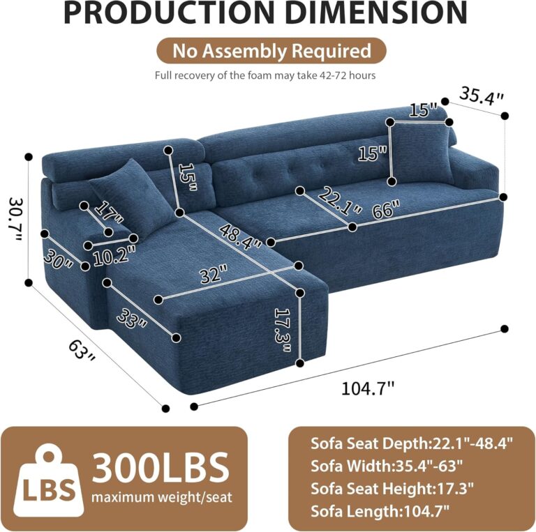 Combining Chaise Longue with 3-Seater, Wood Grain Chenille Fabric, Full Sponge Compression Sofa,Combined Sofa with 2 Pillows for Living/Home Furniture/Apartment,Blue photo review