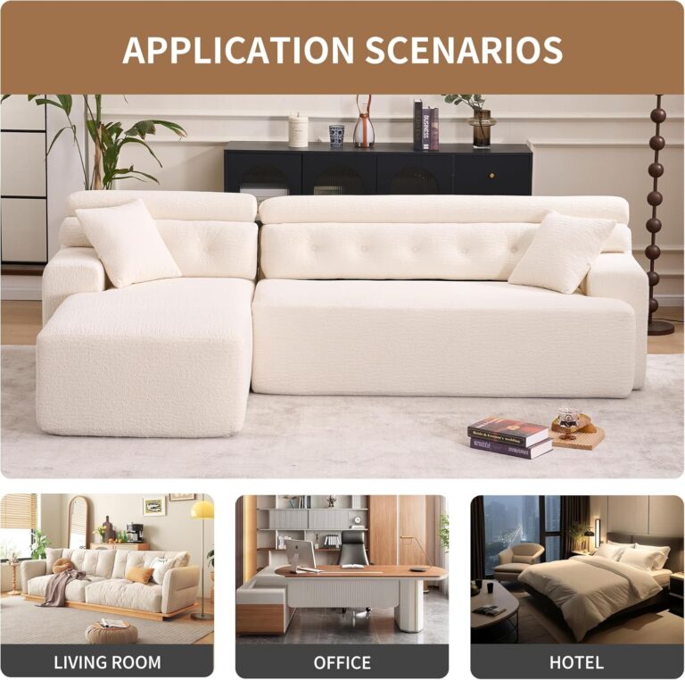 Combining Chaise Longue with 3-Seater, Wood Grain Chenille Fabric, Full Sponge Compression Sofa,Combined Sofa with 2 Pillows for Living/Home Furniture/Apartment,White photo review