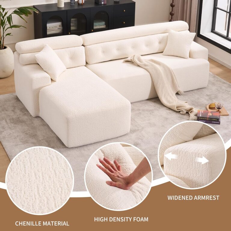 Combining Chaise Longue with 3-Seater, Wood Grain Chenille Fabric, Full Sponge Compression Sofa,Combined Sofa with 2 Pillows for Living/Home Furniture/Apartment,White photo review