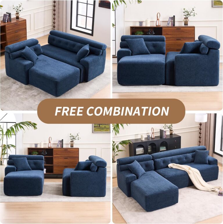 Combining Chaise Longue with 3-Seater, Wood Grain Chenille Fabric, Full Sponge Compression Sofa,Combined Sofa with 2 Pillows for Living/Home Furniture/Apartment,Blue photo review