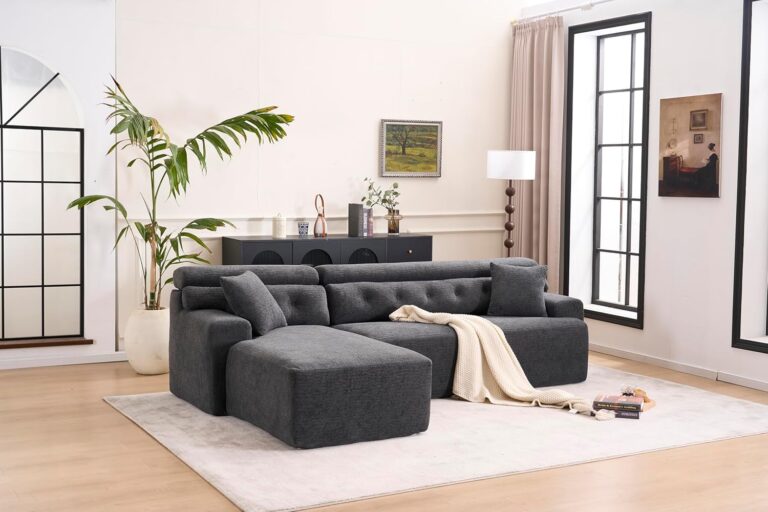 Combining Chaise Longue with 3-Seater, Wood Grain Chenille Fabric, Full Sponge Compression Sofa,Combined Sofa with 2 Pillows for Living/Home Furniture/Apartment,Dark Gray photo review