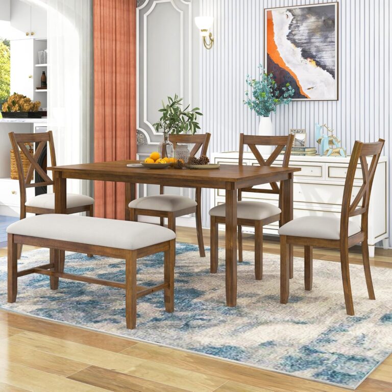 WIIS' IDEA 6-Piece Rectangular Dining Table Set for 6, Mid-Century Modern Wooden Table & Upholstered Chair Set for Home, Kitchen, Dining Room,4 Chairs, Bench Seat, Rubberwood Legs(Natural Cherry) photo review