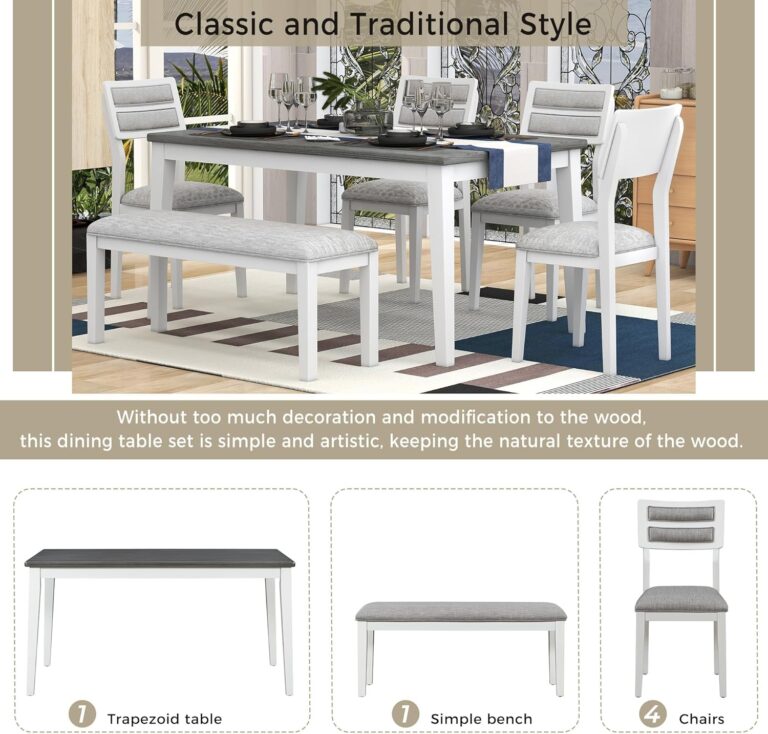 WIIS' IDEA 6-Piece Rectangular Dining Table Set for 6,Mid-Century Modern Wooden Table & Upholstered Chair Set for Home, Kitchen, Dining Room,4 Chairs, Bench Seat, Rubberwood Legs(White+Gray) photo review