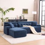 Combining Chaise Longue with 3-Seater, Wood Grain Chenille Fabric, Full Sponge Compression Sofa,Combined Sofa with 2 Pillows for Living/Home Furniture/Apartment,Blue photo review
