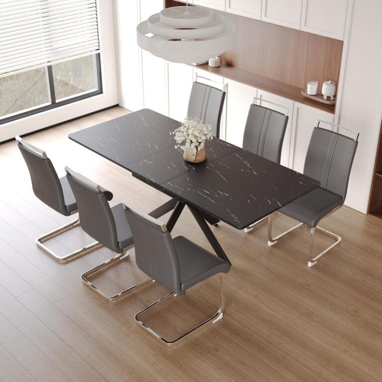 Modern Dining Table Set for 6,Adjustable Dining Table,Rectangular Rock Slab Dining Table for 6-8 People,Metal Base and Legs for Living Room,Dining Room,Kitchen (78" Dining Table+6 Gray Chairs) photo review