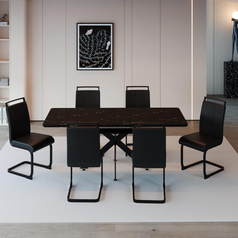 Modern Dining Table Set for 6,Adjustable Dining Table,Rectangular Rock Slab Dining Table for 6-8 People,Metal Base and Legs for Living Room,Dining Room,Kitchen (78" Dining Table+6 Black Chairs) photo review